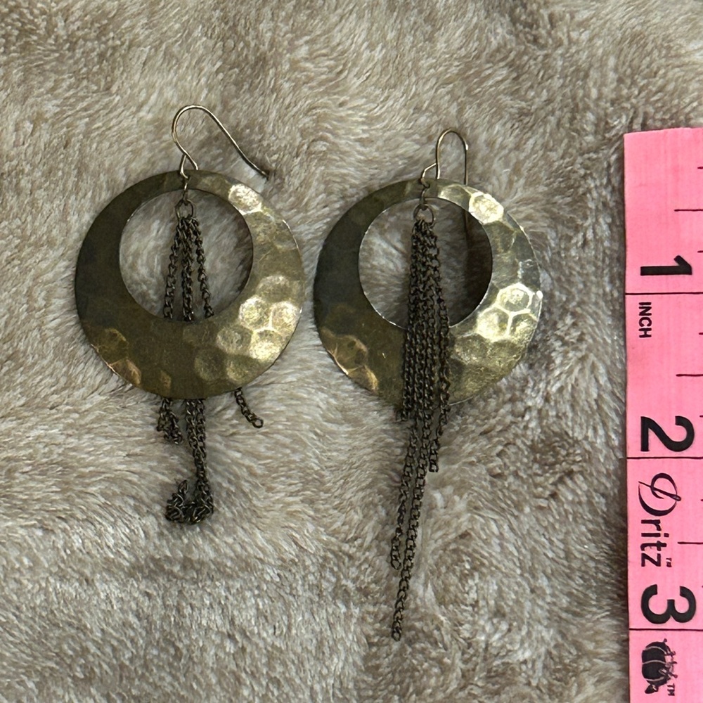 Hammered Metal Hoop Earrings with Chains shown 2 ways